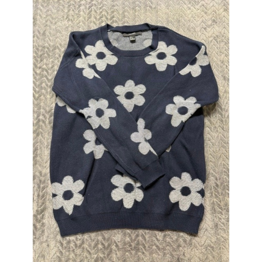 Forever 21 Navy Blue White Daisy Floral Crewneck Knit Sweater Womens Medium 0678